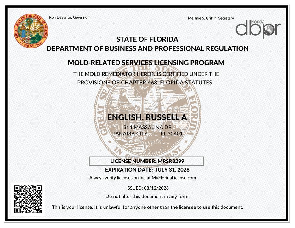Florida DBPR Mold License MRSR3299 — Russell A English — Expires July 31, 2028