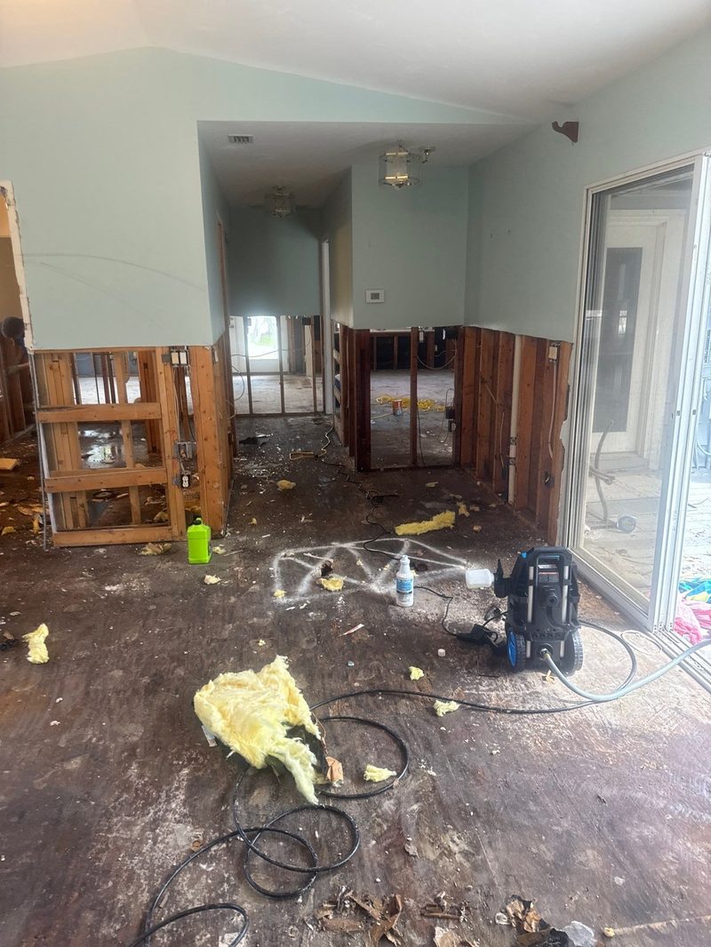 Water damage restoration — flood cut drywall removal in Panama City home