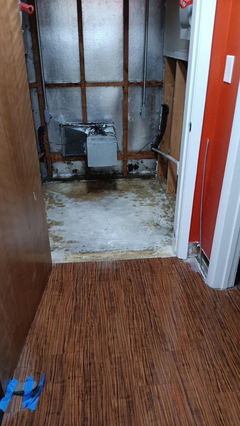 Water damage discovered behind walls with exposed electrical and wet subfloor