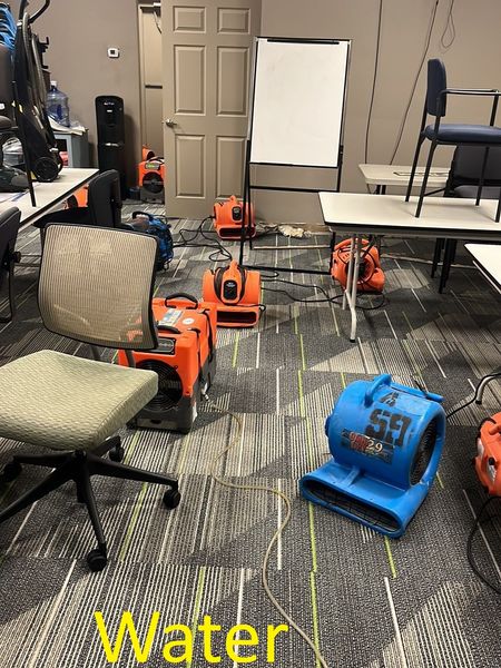 Commercial office water damage drying with multiple air movers and blowers